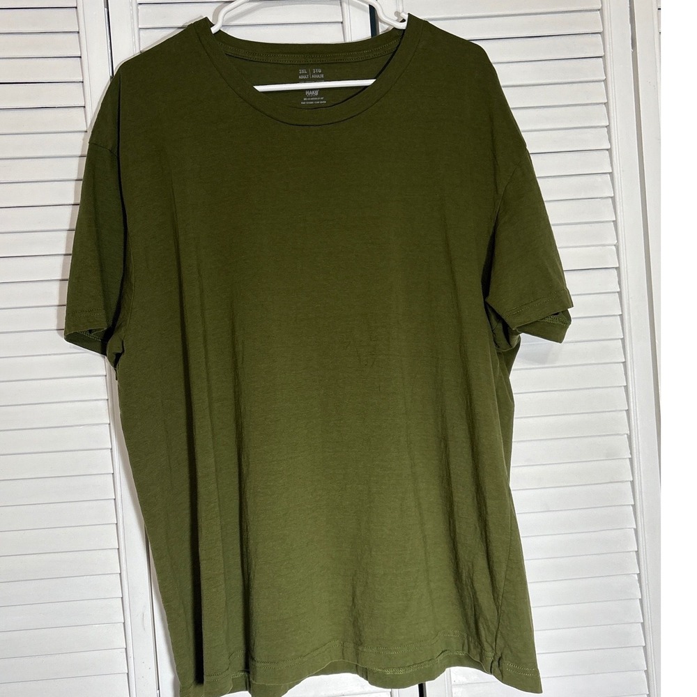Hanes Mens 3XL Olive Green Short Sleeve Crew Neck Solid Cotton T-Shirt Basic Tee
